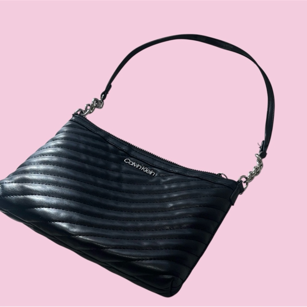 Calvin Klein Black Quilted Shoulder Bag with Chain Accent